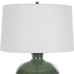 Ceramic Table Lamp with Green Crackle Glaze and White Linen Shade
