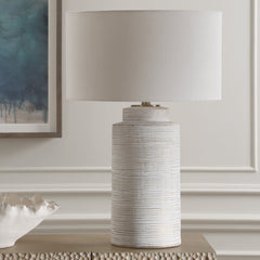 Ceramic Table Lamp with Ribbed Base and Linen Drum Shade