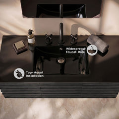 Ceramic Vanity Sink Top, 48 in, 3-Hole Widespread in Glossy Black