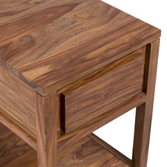 Chairside Table with Drawer and Shelf in Brown Sheesham Wood