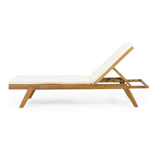 Chaise Lounges, Set of 2, Acacia Wood in Brown with Beige Cushions
