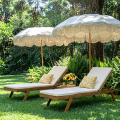 Chaise Lounges, Set of 2, Acacia Wood in Brown with Beige Cushions