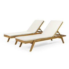 Chaise Lounges, Set of 2, Acacia Wood in Brown with Beige Cushions