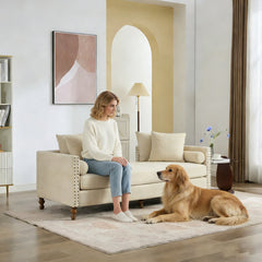 Chaise with Nailhead Trim, Solid Wood Frame, Beige Chenille