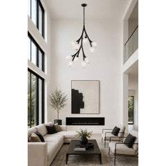 Chandelier, 10 LED Lights, Frosted Glass Shade in Black Metal Frame