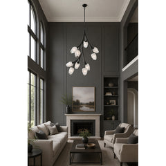 Chandelier, 10 LED Lights, Frosted Glass Shade in Black Metal Frame
