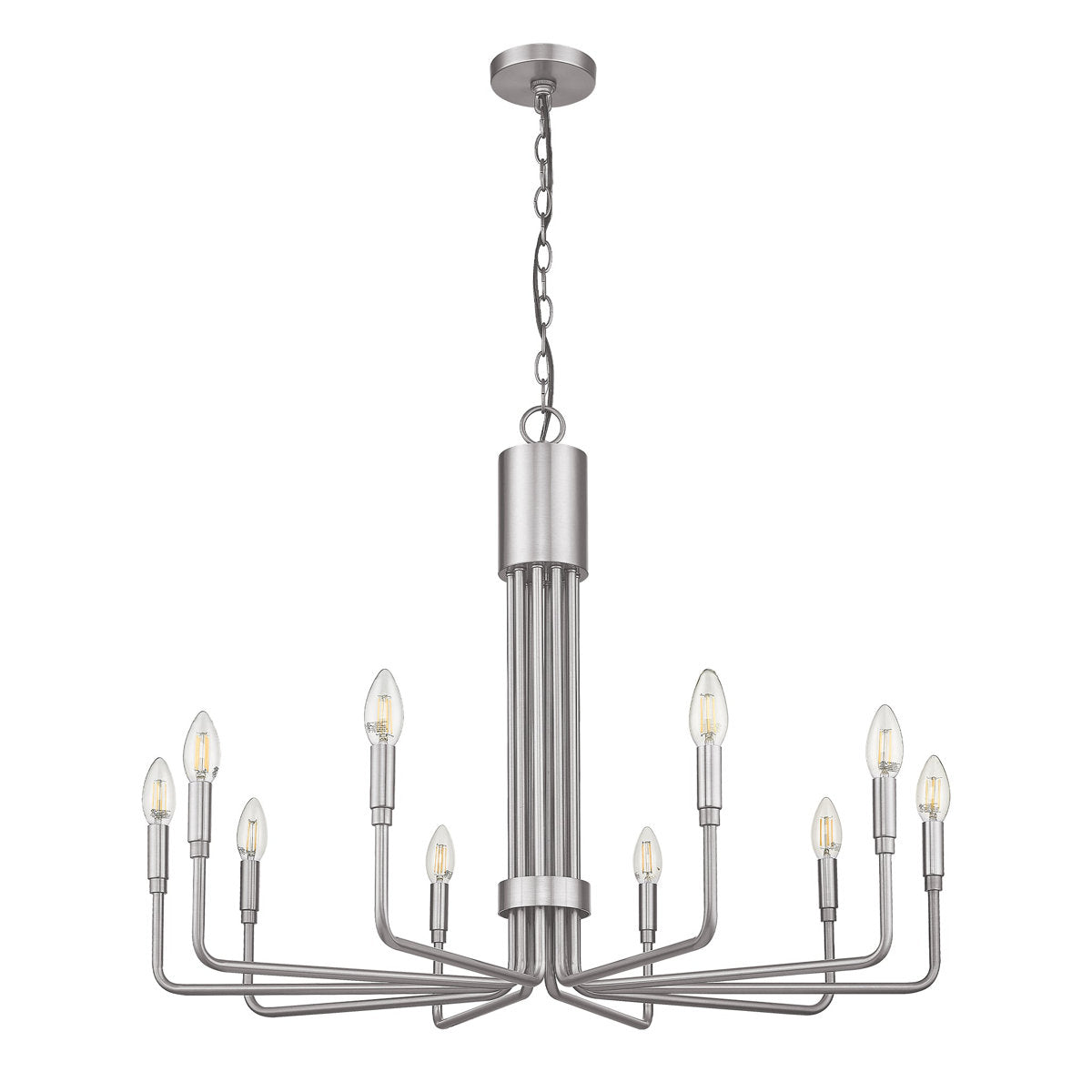 Chandelier, 10-Light Flat Bottom Design in Brushed Nickel