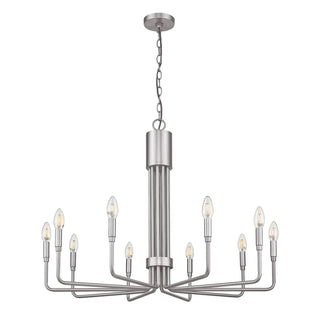 Chandelier, 10-Light Flat Bottom Design in Brushed Nickel