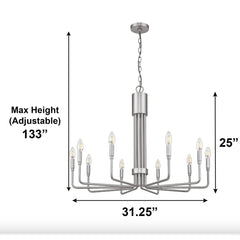 Chandelier, 10-Light Flat Bottom Design in Brushed Nickel