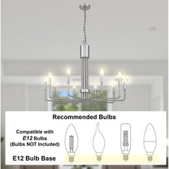 Chandelier, 10-Light Flat Bottom Design in Brushed Nickel