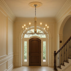 Chandelier, 10-Light Flat Bottom Design in Brushed Nickel