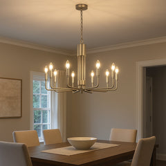 Chandelier, 10-Light Flat Bottom Design in Brushed Nickel