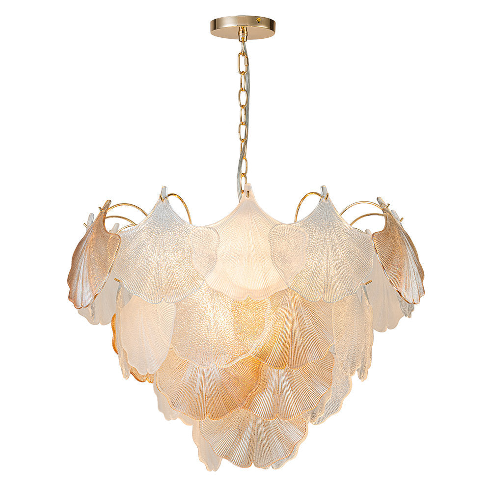 Chandelier, 10-Light Ginkgo Leaf Glass Shades in Gold Metal