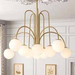 Chandelier, 10-Light Glass Globe, White Shades with Gold Finish