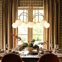 Chandelier, 10-Light Glass Globe, White Shades with Gold Finish
