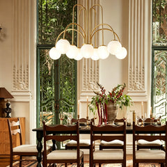 Chandelier, 10-Light Glass Globe, White Shades with Gold Finish