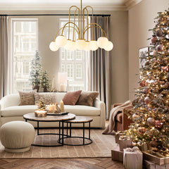 Chandelier, 10-Light Glass Globe, White Shades with Gold Finish