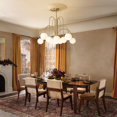 Chandelier, 10-Light Glass Globe, White Shades with Gold Finish