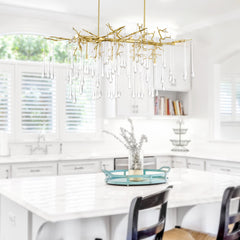 Chandelier, 10 Lights, Gold Leaf Metal with Clear Crystal Drops