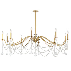 Chandelier, 10 Lights, Warm Brass Metal with Large Round Crystal Drops