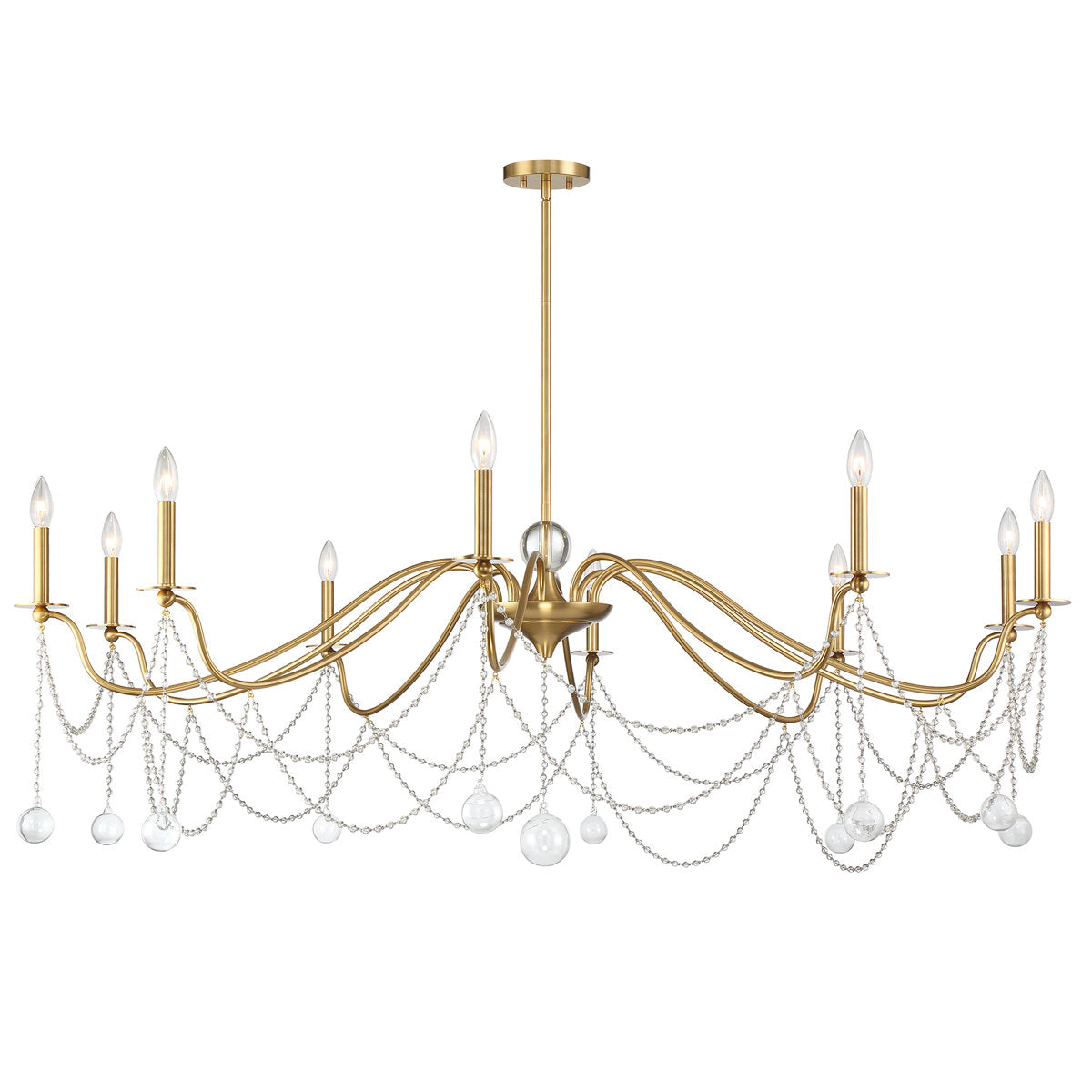 Chandelier, 10 Lights, Warm Brass Metal with Large Round Crystal Drops