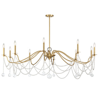 Chandelier, 10 Lights, Warm Brass Metal with Large Round Crystal Drops