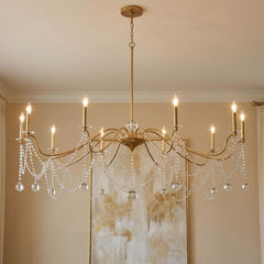 Chandelier, 10 Lights, Warm Brass Metal with Large Round Crystal Drops