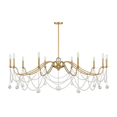 Chandelier, 10 Lights, Warm Brass Metal with Large Round Crystal Drops