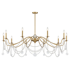 Chandelier, 10 Lights, Warm Brass Metal with Large Round Crystal Drops