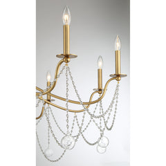 Chandelier, 10 Lights, Warm Brass Metal with Large Round Crystal Drops