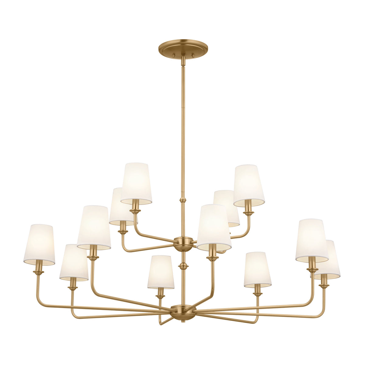 Chandelier, 12-Light 2-Tier Black Steel with White Linen Shades