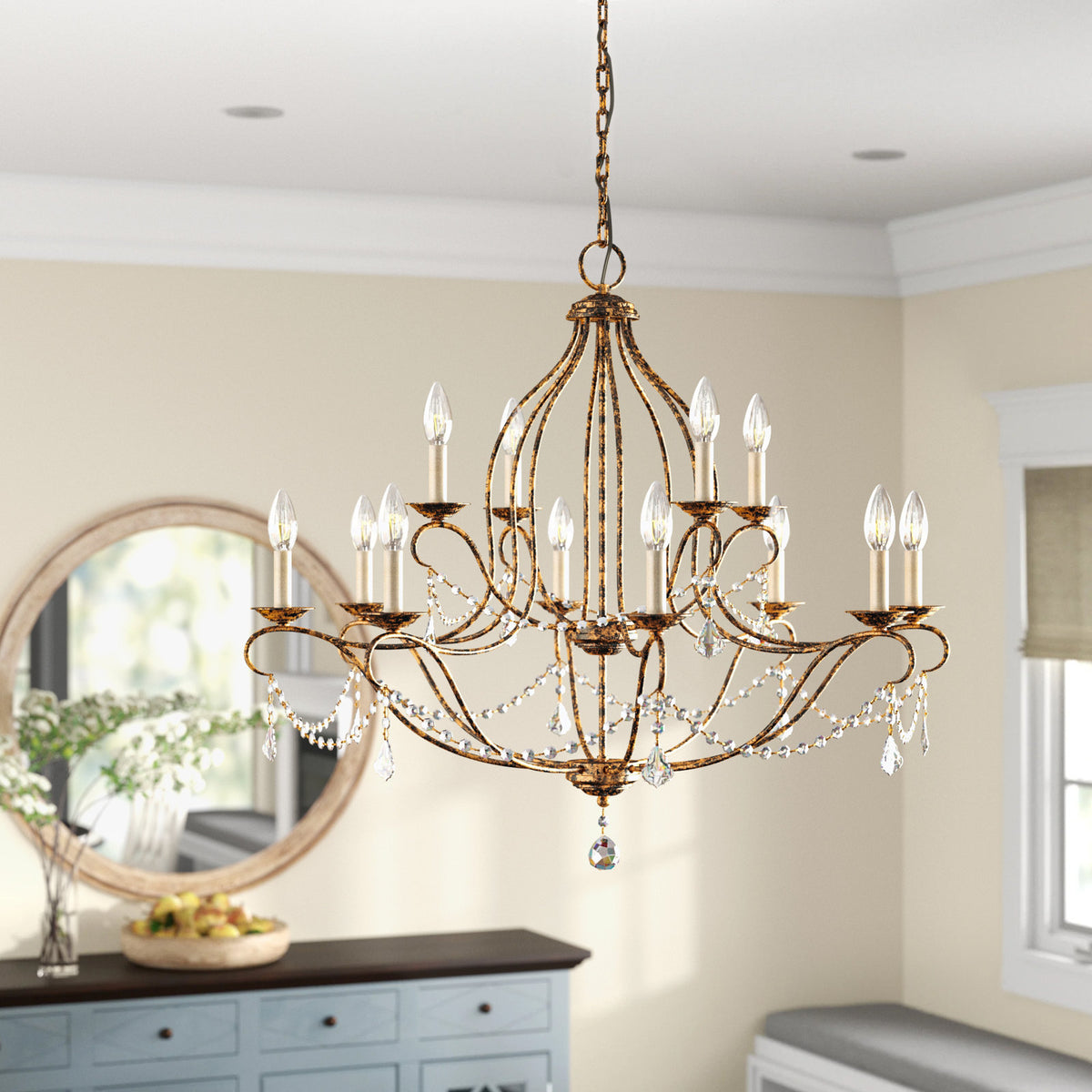 Chandelier, 12-Light Empire Style in Golden Bronze Metal with Crystal Beads
