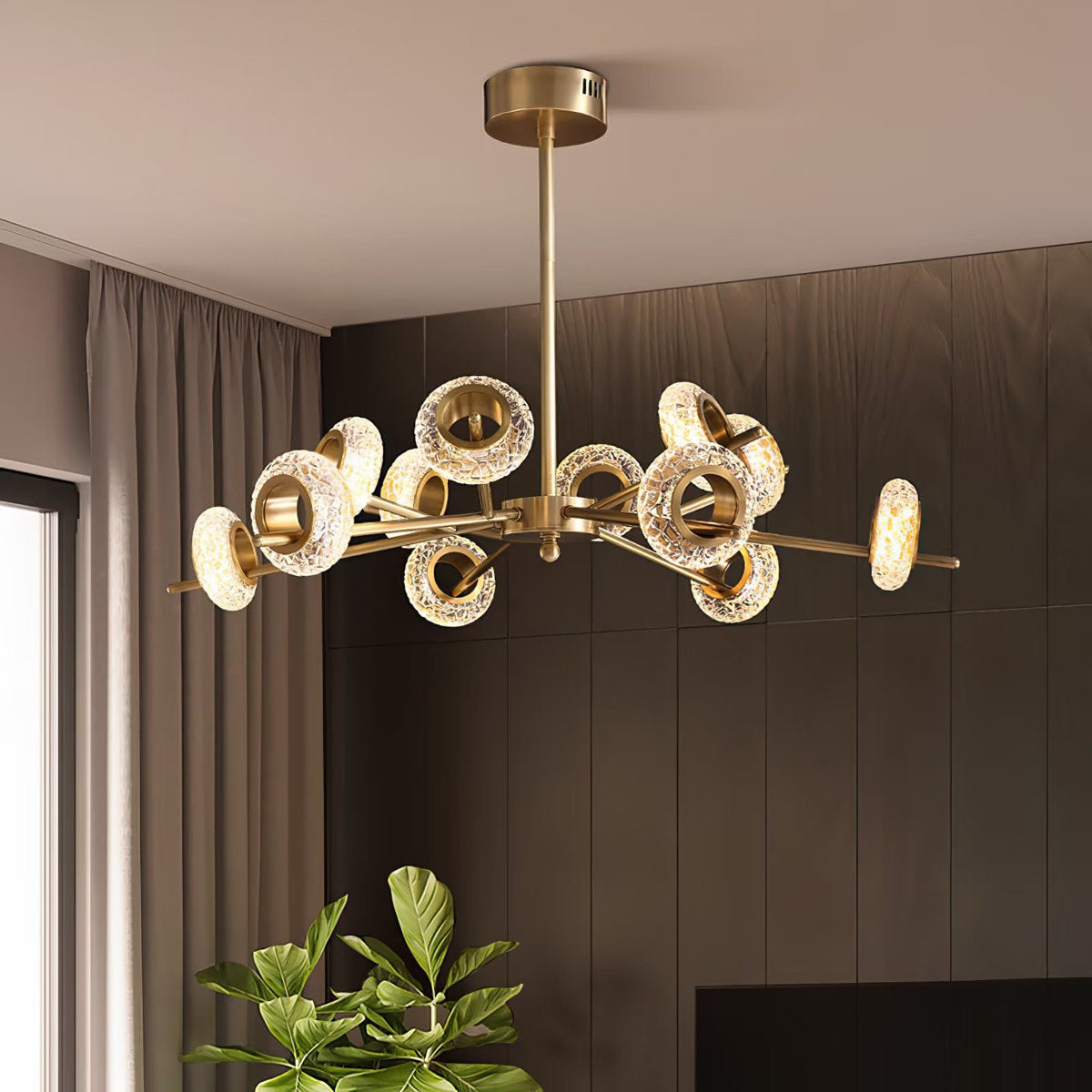 Chandelier, 12-Light Integrated LED with Clear Crystal Shades in Brass Finish