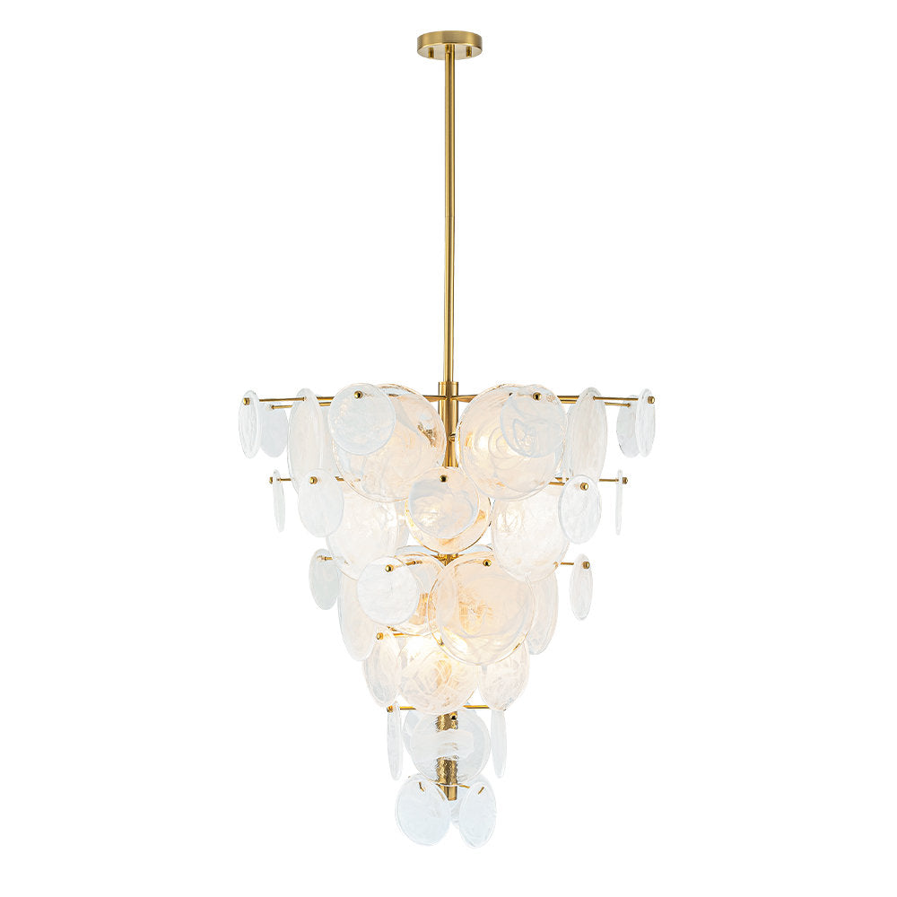 Chandelier, 12-Light Six-Tier, Milky White Glass with Burnished Brass Frame