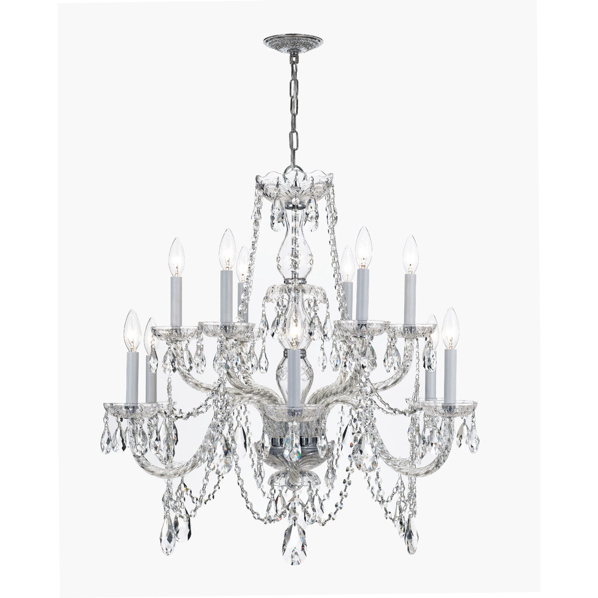 Chandelier, 12-Light Tiered Fixture with Crystal Swags in Chrome