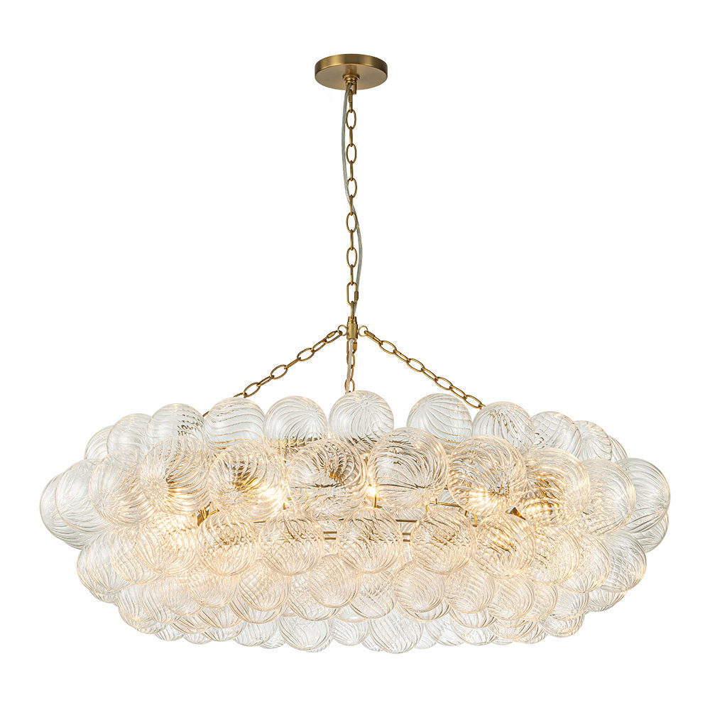 Chandelier, 12-Light Tiered, Ribbed Glass Globes in Brass Finish