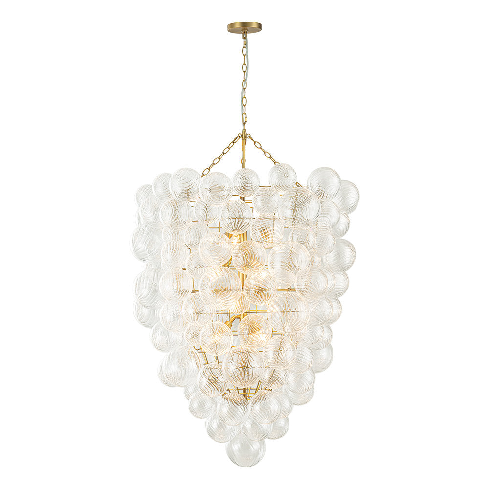 Chandelier, 12-Light Tiered with Ribbed Clear Glass Shades in Antique Brass