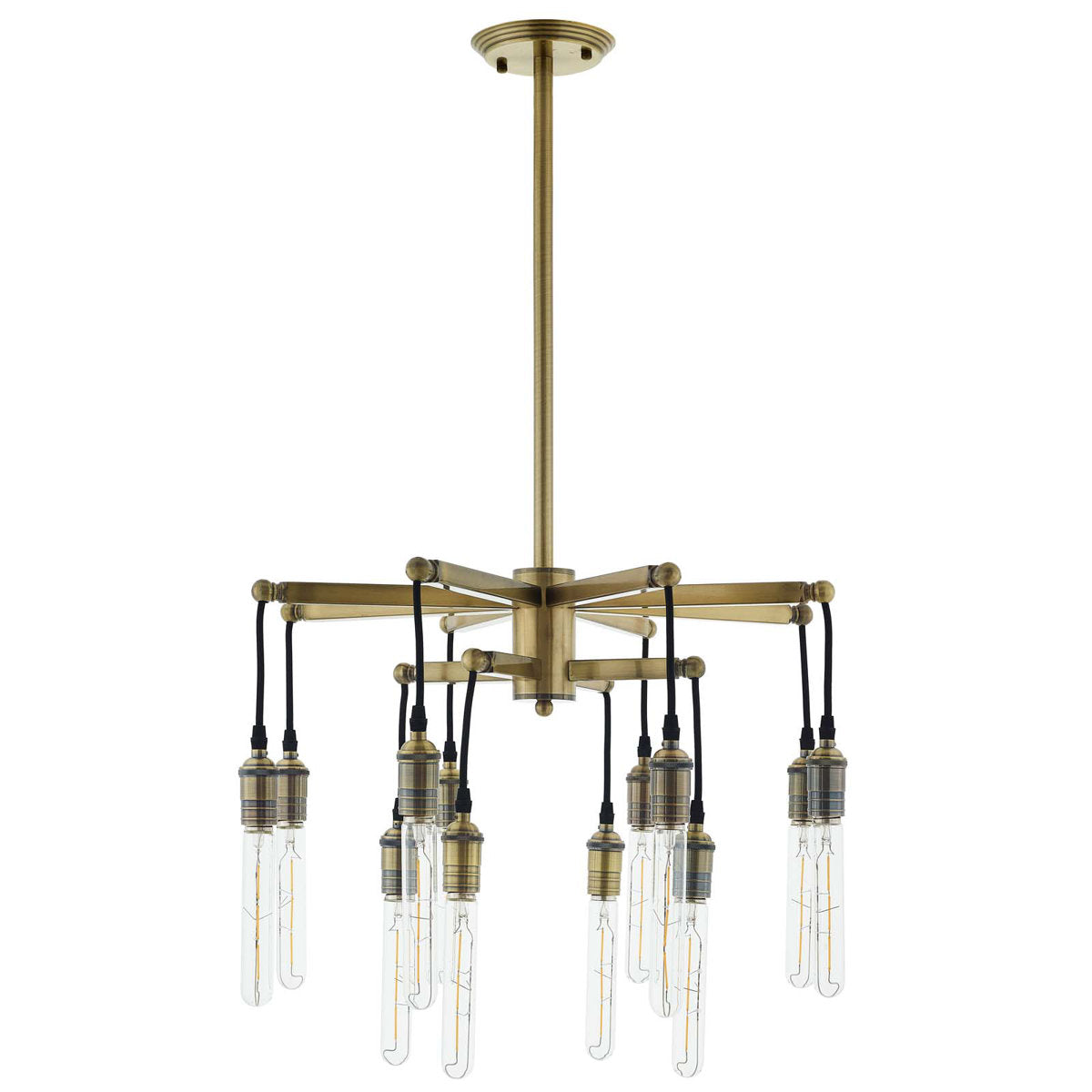Chandelier, 12-Light Two-Tier Antique Brass Metal with Black Rope Cords