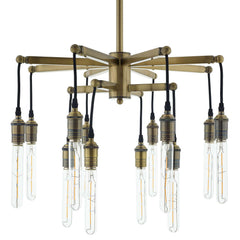 Chandelier, 12-Light Two-Tier Antique Brass Metal with Black Rope Cords