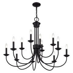 Chandelier, 12-Light Two-Tier, Black Metal with Chain Downrod
