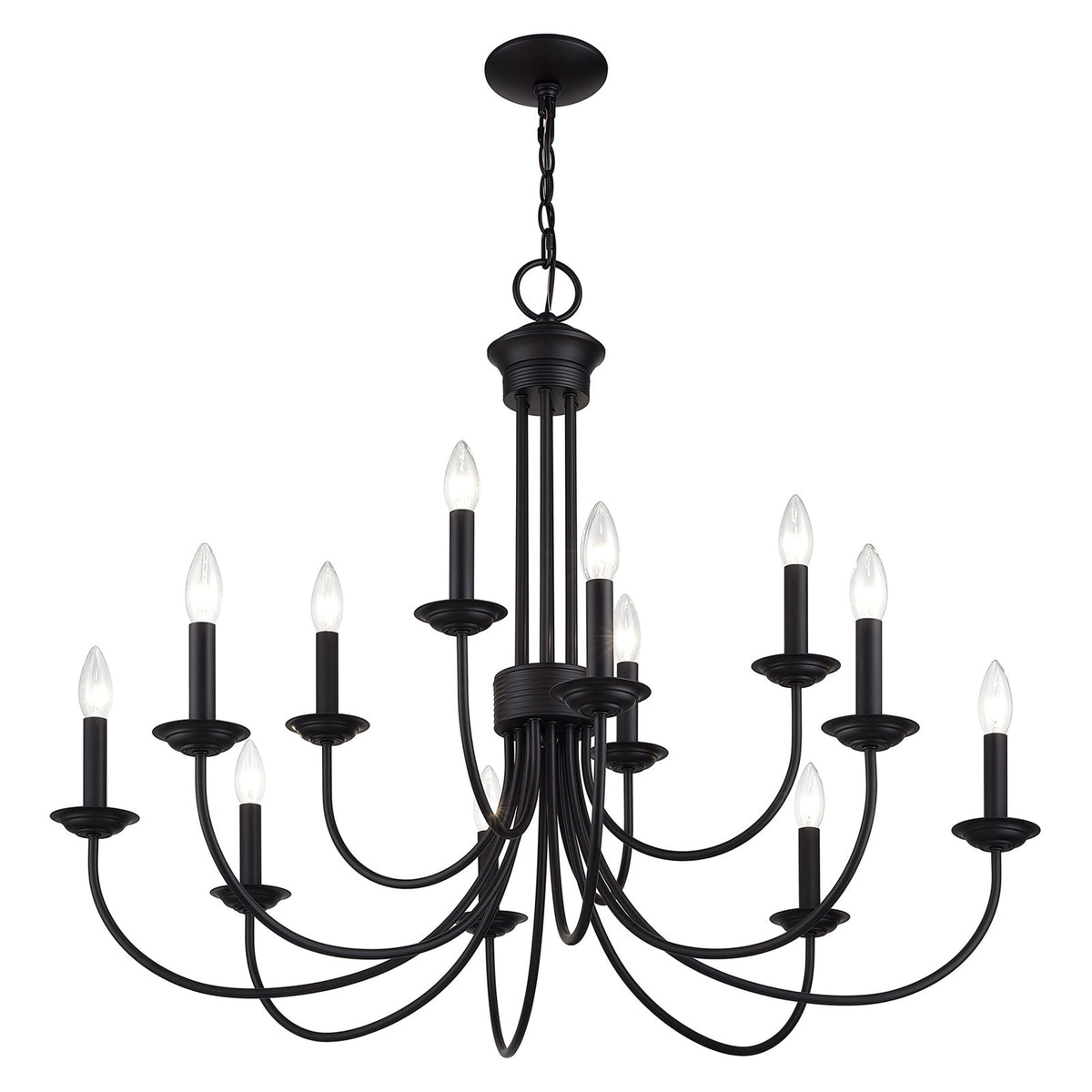 Chandelier, 12-Light Two-Tier, Black Metal with Chain Downrod