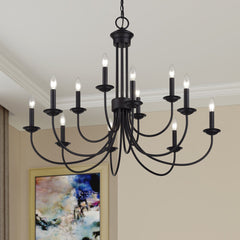 Chandelier, 12-Light Two-Tier, Black Metal with Chain Downrod