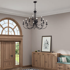 Chandelier, 12-Light Two-Tier, Black Metal with Chain Downrod
