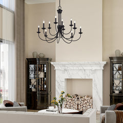 Chandelier, 12-Light Two-Tier, Black Metal with Chain Downrod