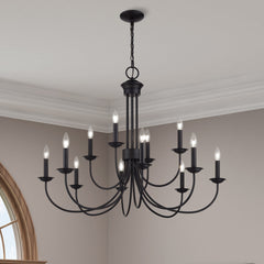 Chandelier, 12-Light Two-Tier, Black Metal with Chain Downrod