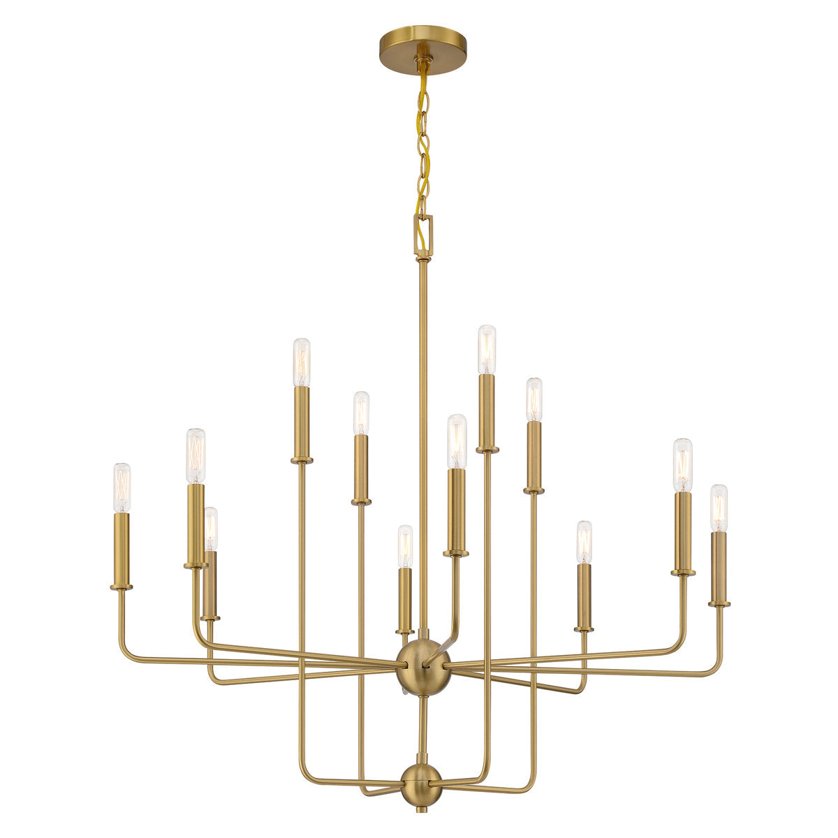 Chandelier, 12-Light Two-Tier, Brass Metal with Adjustable Chain