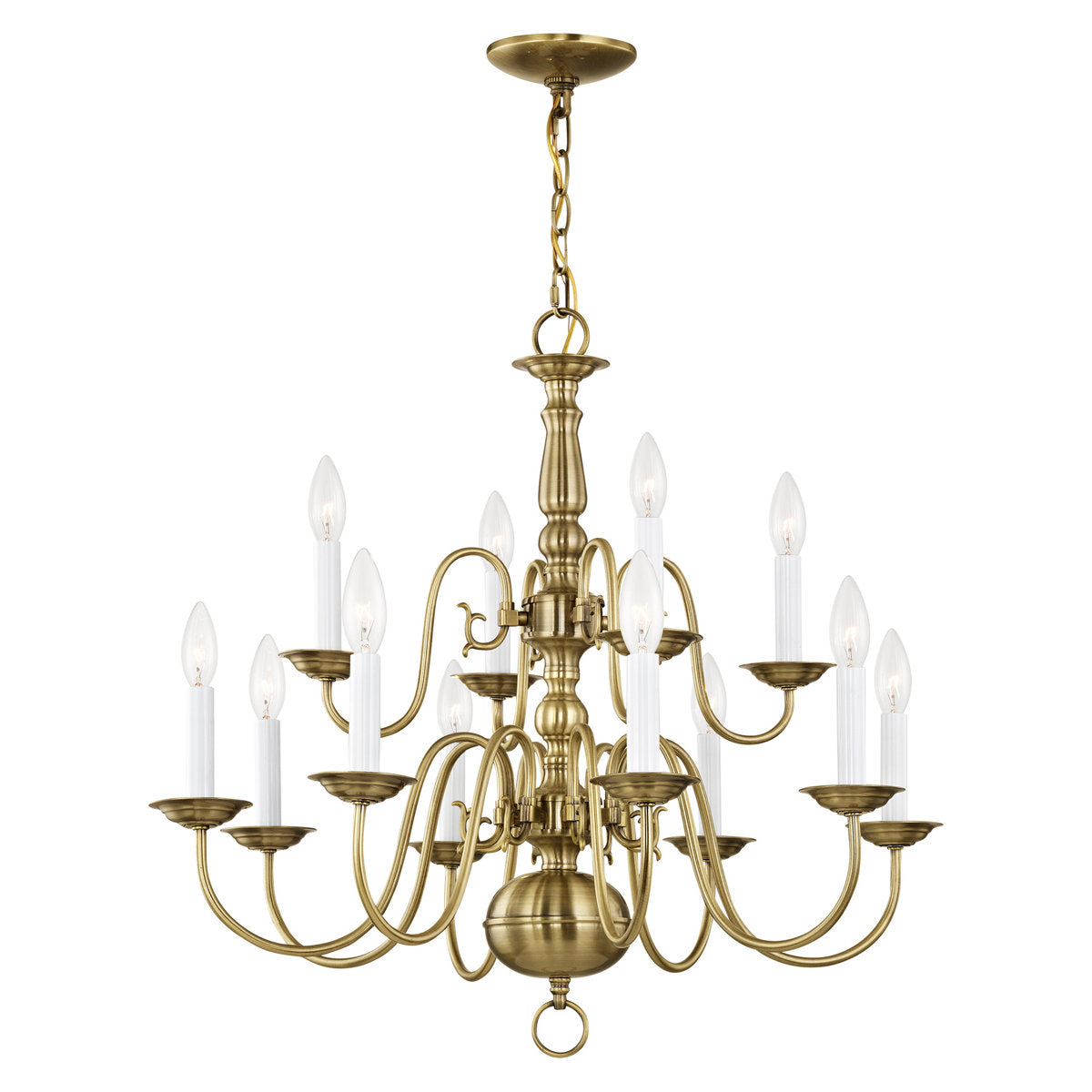 Chandelier, 12-Light Two-Tier Steel Frame in Antique Brass