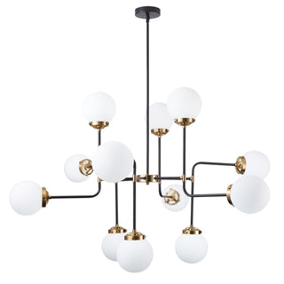 Chandelier, 12-Light with White Glass Shades in Gold Finish
