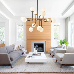 Chandelier, 12-Light with White Glass Shades in Gold Finish