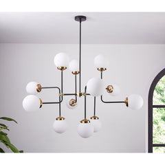Chandelier, 12-Light with White Glass Shades in Gold Finish